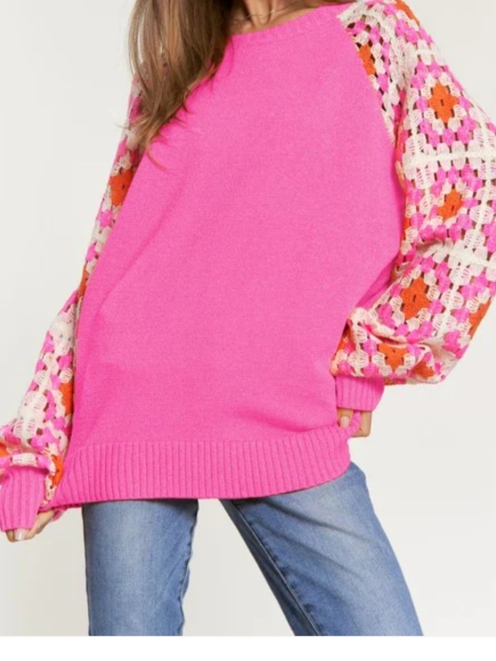 Davi & Dani Women’s Crochet Sleeve Pink Knit Sweater; Size S
